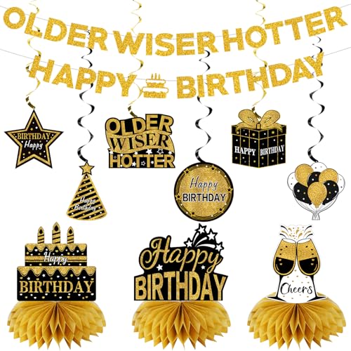 Image of Kuxriox 11Pcs Happy Birthday Decorations Kit for Men Women, Black Gold Happy Birthday Banner, Older Wiser Hotter Glitter Banner Party Supplies, Bday Decor Centerpieces Swirls Table Topper Sign