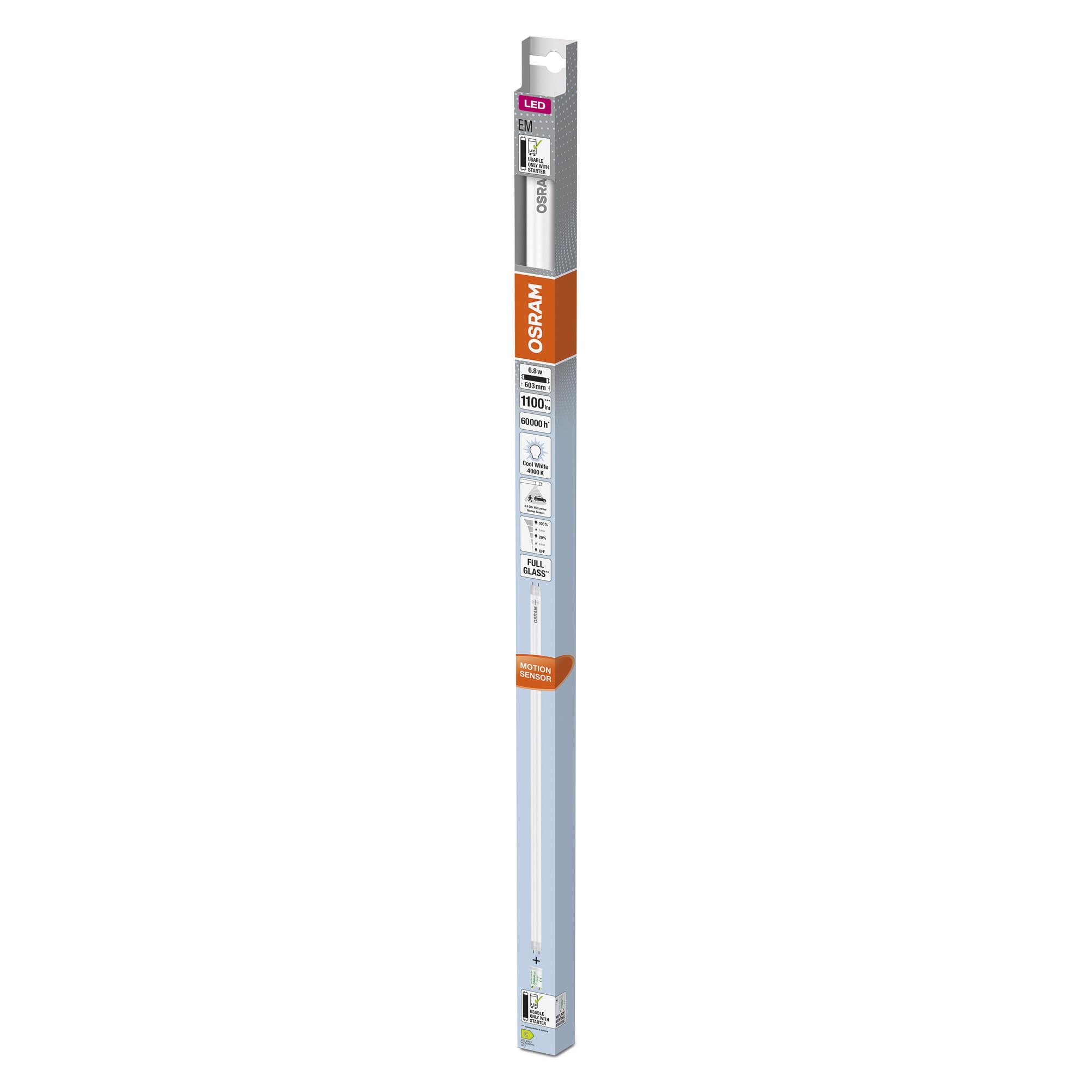 OSRAM Tubos LED de con sensor de microondas integrado para balastos electromagnéticos, 6.8 W, G13, tubo, dos, 4000 K, vidrio con protección de rotura, blanco frío, paquete 8-al igual