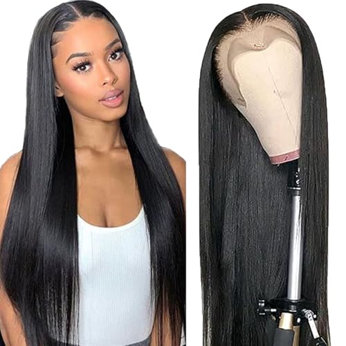 AiPliantfis Straight Human Hair Wig Natural Black Parrucca Donna Capelli Veri 13X6 Lace Glueless Wig Wear and Go Pre Plucked 150% Density Unprocessed Remy Hair for Women 26 Pollici