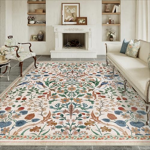 PureCozy Teppich Wohnzimmer 200x300cm Waschbarer Blumenmuster kurzflor rutschfest Weich Boho Vintage Teppiche Groß für Schlafzimmer Esszimmer Bedroom Living Room, Beige Floral / Beige 200 x