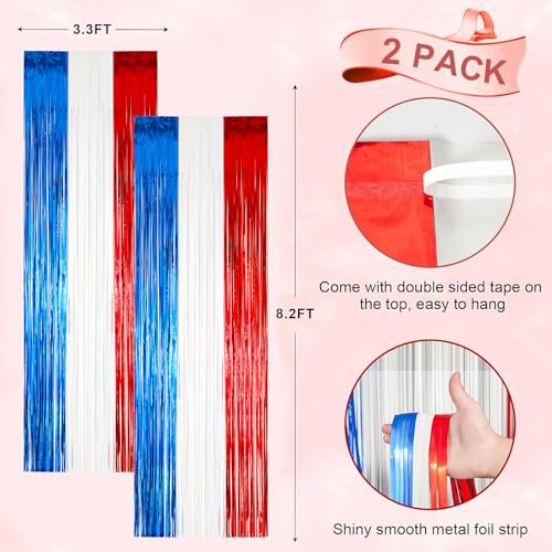 Image of Voircoloria 2 Pack Red White and Blue Foil Fringe Backdrop Curtains, Tinsel Streamers Party Decorations, Fringe Backdrop for Patriotic, Memorial Day, 4th of July, Independence Day