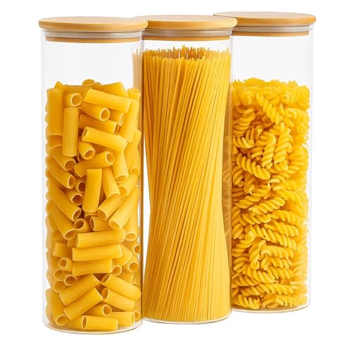 CROWNSHOP Set of 3 Large Glass Storage Jars with Lids Airtight Spaghetti Pasta Storage Container Kitchen Containers Clear Food Storage containers for Spaghetti Pasta Oats Cereal Rice (2.05L 3PCS)