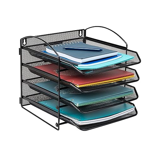 Mind Reader 4-Tier Paper Tray, File Storage, Desktop Organizer, Wall Mountable, File Organization, Metal Mesh, Black