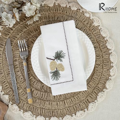 Image of R home Premium Embroidered Cotton Table Napkins Set of 6 Reusable Cloth Dinner Napkins Soft Washable Dining Table Linen Elegant Kitchen Coffee Table Decor (R home Pine Whisper, 40X40 CM)