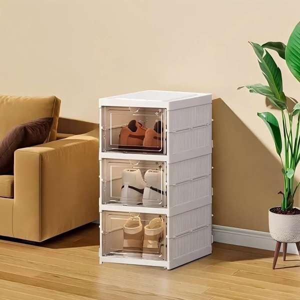 3 Tier Plastic Storage Bins with Lids,Clear Stackable Shoe Storage Boxes,Free Standing Space Saving Shoe Rack Shelf Cabinet for Closet Entryway,No Assembly Required,Transparent Shoe Organizer