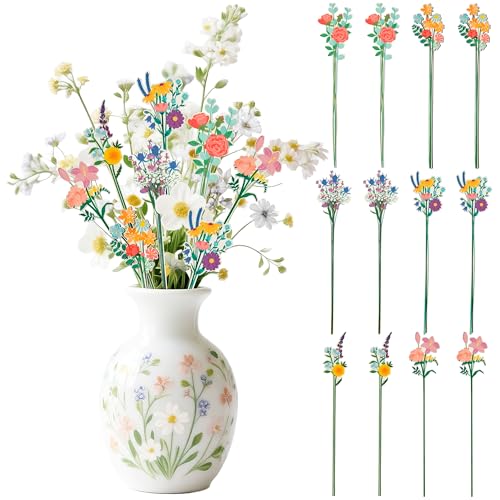 TICIAGA Spring Wildflower Decorative Picks - 12PCS Double-Sided Wild Flower Wooden Picks for Farmhouse Home Vase Filler Decor, Summer Floral Arrangement for Holiday Decorations Wedding Party Supplies