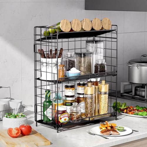DTUQYX Spice Rack Organizer, 3 Tier Adjustable Height Spice Rack, Installation Free, Foldable Multi-Purpose Storage, Suitable for Kitchen/Bathroom/Home/Office