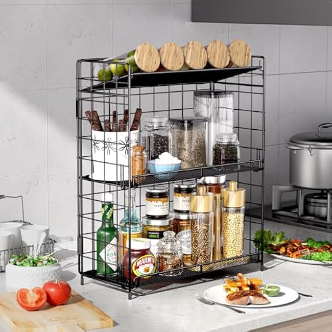 Spice Rack Organizer, 3 Tier Adjustable Height Spice Rack, Installation Free, Foldable Multi-Purpose Storage, Suitable for Kitchen/Bathroom/Home/Office