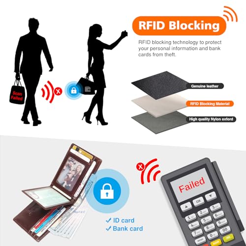 Chain Wallets for Men, Genuine Leather Purse RFID Blocking Bifold Wallet with Wallet Chain, Pickpocket Proof Slim Chain Wallet for Men (Coffee)4