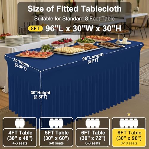 Image of Smiry 2 Pack Spandex Elastic Fitted Table Cloth Skirt for 8FT Table | Stretch Washable Table Cloth, Banquet Table Cover for Wedding, Party, Indoor & Trade Shows, (Navy, 96Lx30Wx30H)