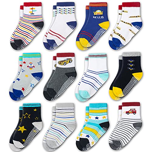 Evercute Toddler Girls Grip Socks 12 Pack Boys Non Slip Socks for Kids Anti Skid