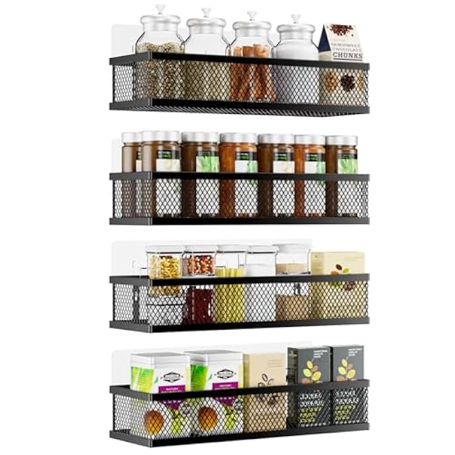 Spice Rack Wall Mount, 4 Pack Pantry Door Organizer & Hanging Storage Baskets Organizer Wall Mount, Large Capacity Metal Spice Shelf for Kitchen Cabinet, Pantry Doors, Bathroom, Shower, Home Decor