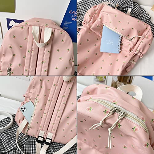 Kawaii Backpack Mori Art Floral Backpack With Pendant 16.1 Inch Aesthetic Backpack Cute Backpack Classic Casual Computer Backpack (White)4