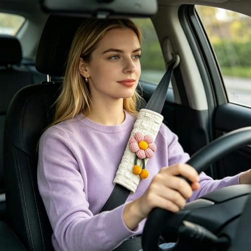 Image of Cute Pink Flower Seat Belt Cover Pads for Women Girls - Soft Plush Seatbelt Cushion, Fun Car Accessories
