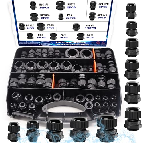 maierke 100PCS IP68 Waterproof Cable Gland Kit Nylon Cable Glands Assortment Adjustable NPT 1/4 3/8 1/2 3/4 1 PG7 PG9 PG11 PG13.5 PG16 PG19 with Gasket for Waterproof Junction Box Wire Connect