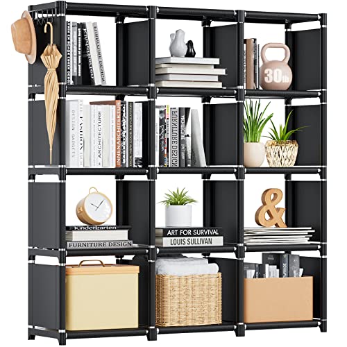 Mavivegue Book Shelf, 12 Cube Storage Organizer, DIY Bookcase, Metal Bookshelf,Tall Book case for Bedroom, Living Room,Office,Closet, Black Cubicle Rack