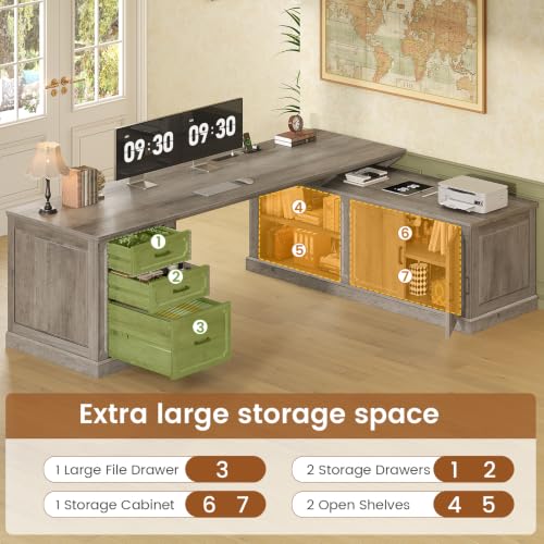 Image of SEDETA Farmhouse L Shaped Desk with Drawers, 70.9 inch Home Office Desk with Storage Cabinet and Storage Shelves, L Shaped Computer Desk with Power Outlet,Gray