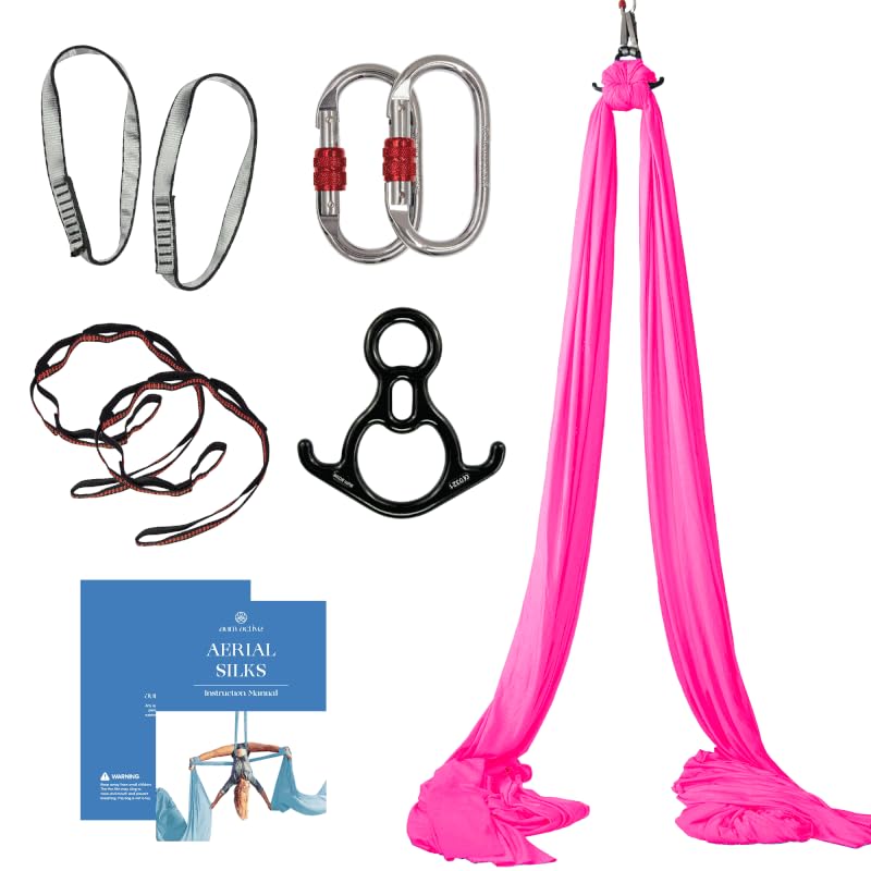 Aum Active Aerial Silks Equipment for Acrobatic Flying Dance, Aerial Yoga - Includes All Hardware, Fabric and Guide (hot Pink)