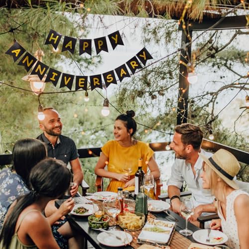Image of Happy Anniversary Banner Black Banner,Hanging Sign Garland for wedding Birthday Party Ceremony Decoration