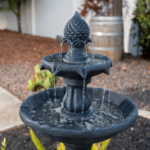 Image of XBrand 44 inch H Gray Fiberglass /Resin 2-Tier Solar Water Fountain w /Solar Panel and Auto-Shut Off Pump, Solar Garden Fountain, Tall Outdoor Fountain, Two Tiered Birdbath Fountain