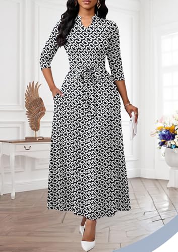 Image of BubFee Maxi Dresses for Women Semi Formal Long Dress 3 /4 Sleeve Casual A-line Church Dresses with Pockets