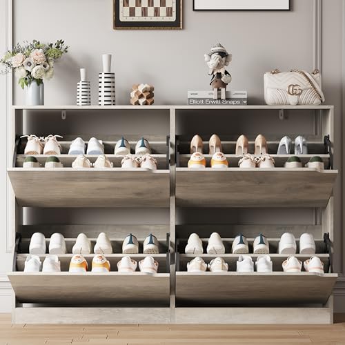 Image of Xixini Shoe Storage Cabinet for Entryway with 4 Flip Drawers, Sturdy Wood Hidden Shoe Storage, Freestanding Narrow Slim Shoe Organizer for Front Door Entrance, Living Room, Hallway, Bedroom, Grey