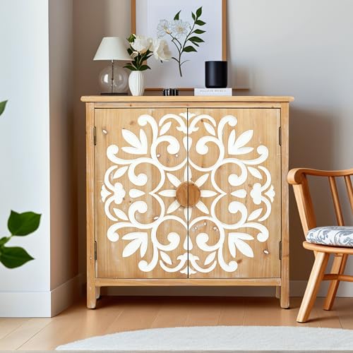 Image of Small Entryway Cabinet with Storage - Farmhouse Cabinet for Living Room, Decorative Storage Cabinet with Floral Carvings, Antique Brown & White Accent Cabinets