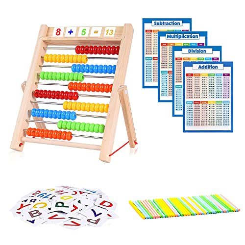 SKJJL Ábaco de Madera, Abacus Matematicas Montessori, Juguete Contar, Abaco para Niños con 4 Carteles de Cálculo, 100 Palos para Contar, 120 Tarjetas de Números/Símbolos Cover