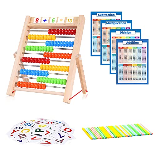 SKJJL Boulier Abaque Enfant Bois, Enfant Abacus Jeu, Boulier Abaque, Puzzle Enfant Bâton Mathematiques Bouliers, avec 4 Affiches de Calcul, 100 Bâtonnets de Comptage, 120 Carte Nombre / Symbole