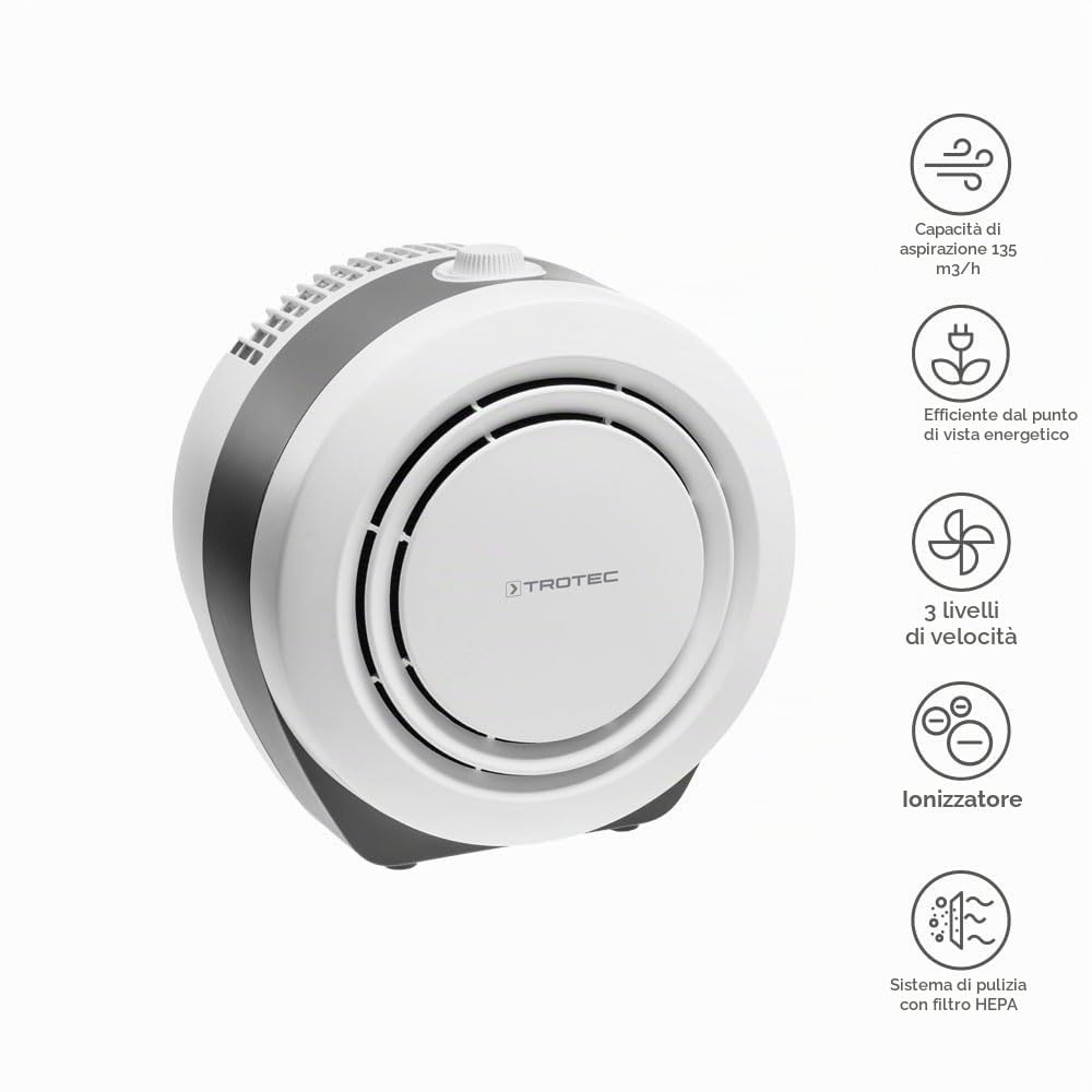 TROTEC AirgoClean 10 E purificatore d'aria per allergici, filtro HEPA | Per ambienti fino a 16 m²/40 m³, 3 velocità e ionizzatore; filtra il 95% delle particelle, compatto e silenzioso