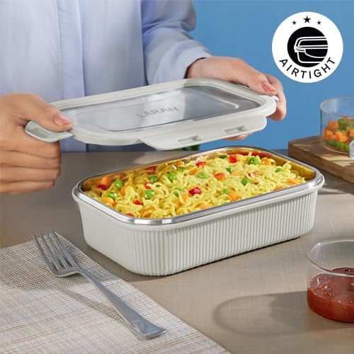 Image of Larah by BOROSIL Freshbyte Food Storage Container with Airtight Stainless Steel Lid | Fridge Container for Lunchbox | Food Grade | Microwave Safe (Grey, 800 ml, Rectangular)