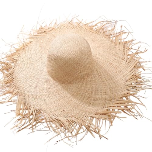 Summer Straw Hat Straw Sun Hat Wide Brim Straw Hat Beach Straw Hat Tassel Straw Hat Handwoven Straw Hat for Women (Round)