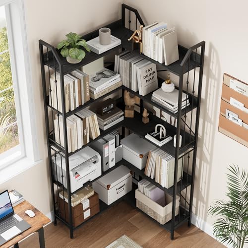 SLEKVERSA Industrial Corner Bookshelf 72", 5-Tier L-Shape Bookcase with Beaded Detail, Space-Saving Large Corner Shelf for Living Room, Bedroom, Office - image 5