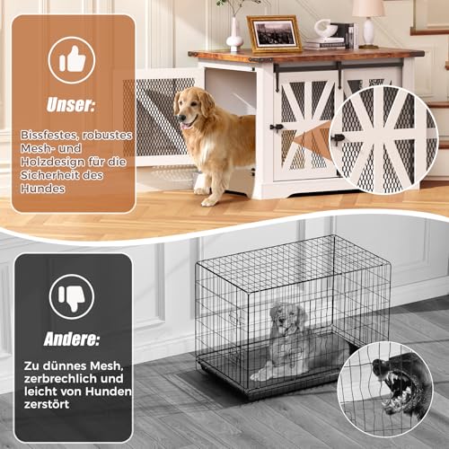 Hundekäfig Möbel, Dreitüriger Hundekäfig, 100 cm Holzhundebox, Schiebetüren, Modernes Hundezimmer für den Innenbereich, für Kleine und Mittelgroße Hunde, Verstärkte Konstruktion, 100x65x67cm, Weiß