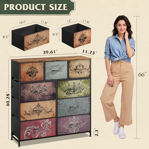 Image of WLIVE 9 Drawer Dresser, Fabric Storage Tower for Bedroom, Hallway, Closet, Tall Chest Organizer Unit for Bedroom with Fabric Bins, Steel Frame, Wood Top, Easy Pull Handle, Pattern