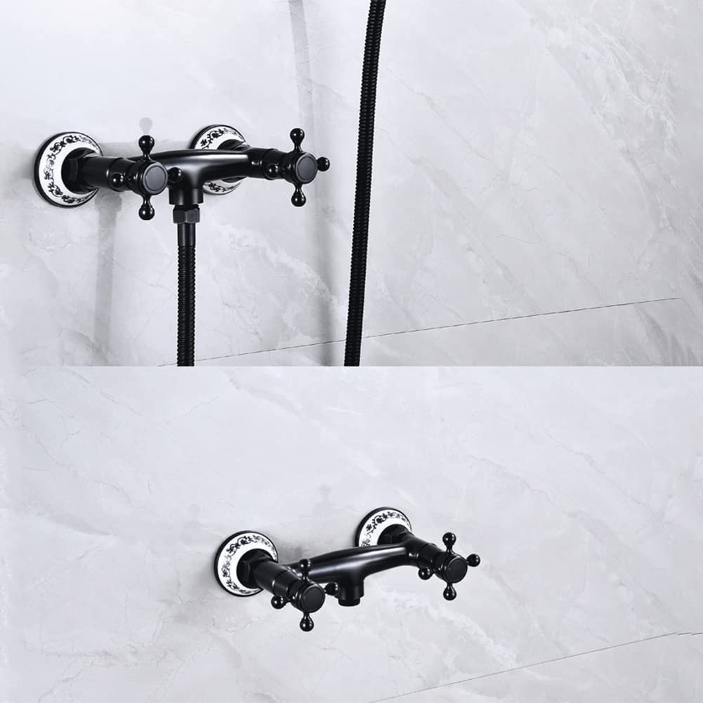 Grifo De Bañera Latón Dos Mandos Grifo De Ducha Con Ducha De Mano Retro Antique Estilo Montaje En Pared Mezclador De Baño Y Ducha, 150 Cm Manguera, Negro