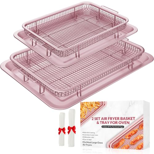 Image of Oven Air Fryer Basket and Tray, OPENICE 2 Set Air Fryer Basket and Tray for Oven with 60 Pcs Parchment Paper, Air Fryer Pan Crisper Tray for Baking, Crisping - Pink