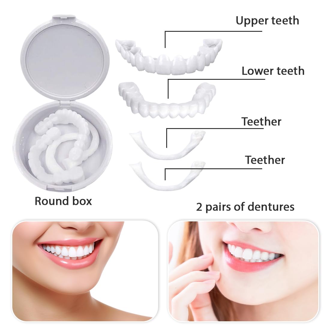 2 Coppie Faccette Denti, Faccette Denti Finti a Scatto Superiore e Inferiore, accette Denti Cosmetici,Protesi Dentarie Cosmetici Temporanee,per Uomini e Donne Copertura di Denti Imperfetti