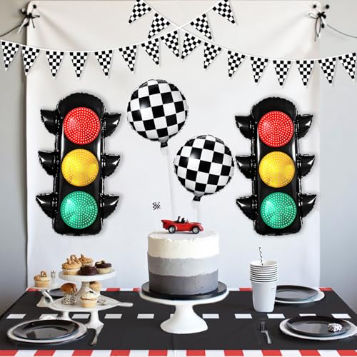 Image of Race Car Birthday Party Decorations with Traffic Light Balloons,Automobile Party Decorations for Kids Include Transportation Light Balloons Checkered Pennant Banner Checkered Balloon Race Track Cloth