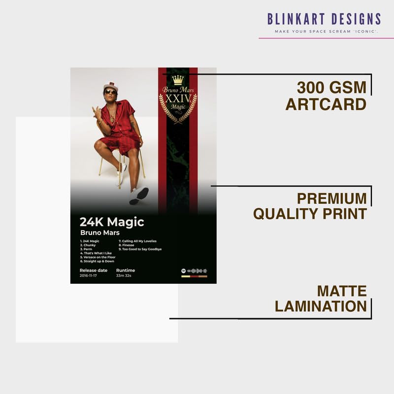 Image of BLINKART Bruno mars- 24K Magic Wall Photo Frames | Wall Art for Bedroom, Living Room, Studio or Office | Album Cover Print with Spotify Song Link QR Code | Gift for Fans - 8x12 In