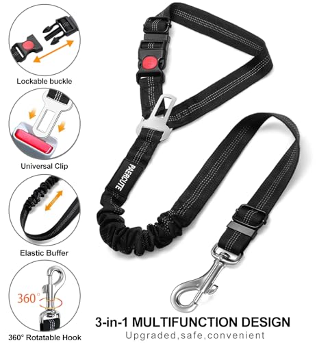 3 Piece Dog Car Seat Belt Set - Retractable Adjustable Pet Seatbelts for Vehicle Headrests - Heavy Duty, Elastic & Durable Car Harness for Dogs