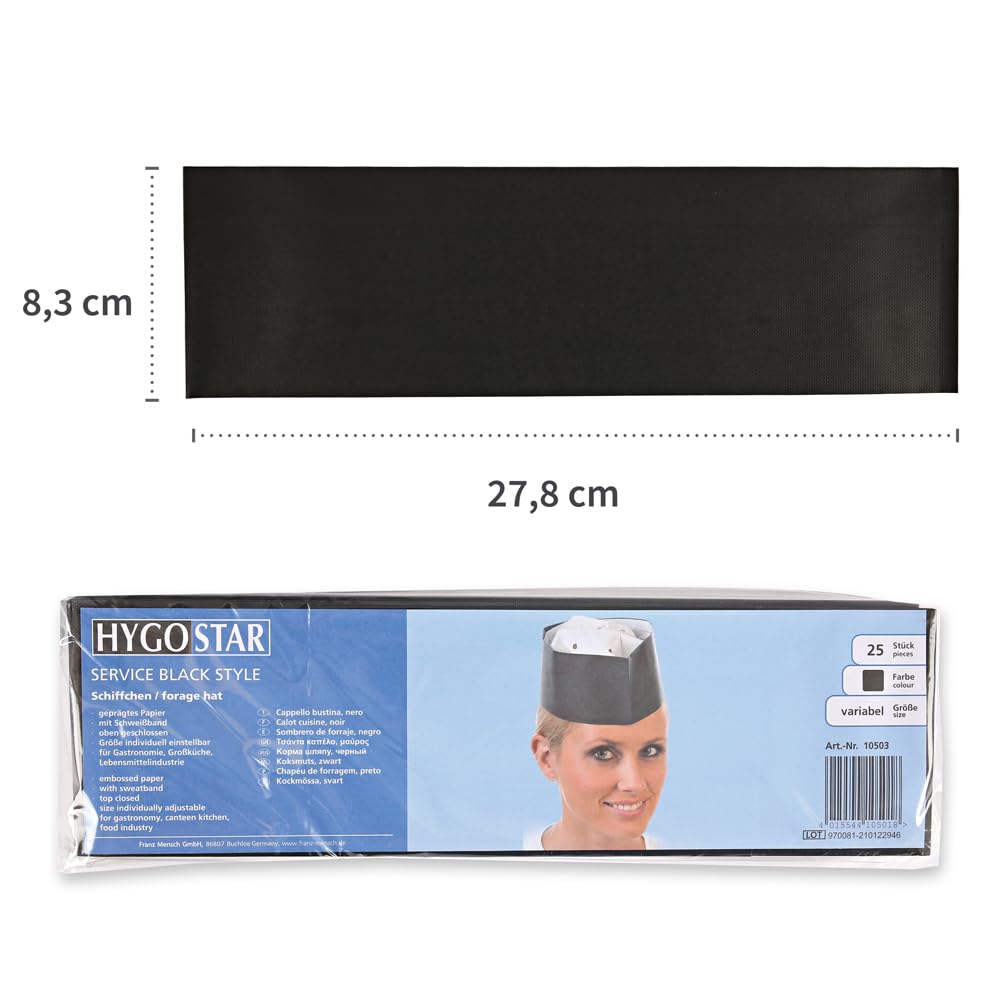 FRANZ MENSCH 500 Stück Hygostar Schiffchen Service Black | Papier geprägt, schwarz, Einheitsgröße, L: 28cm, B: 8cm, Karton, Schiffchen Service, Kopfbedeckung, Einweg-Schiffchen