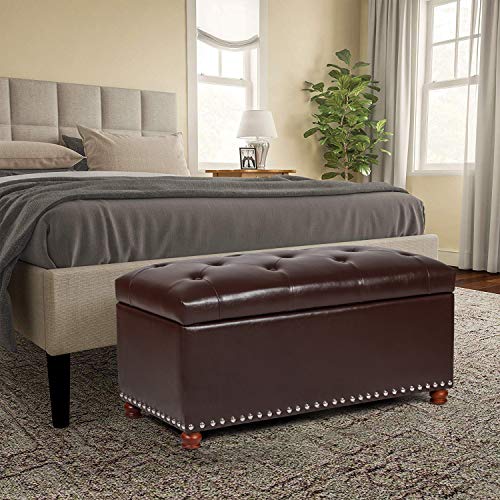 Joveco Storage Ottoman Bench 35\" Faux-Leather Rectangular Tufted Ottomans (Brown)