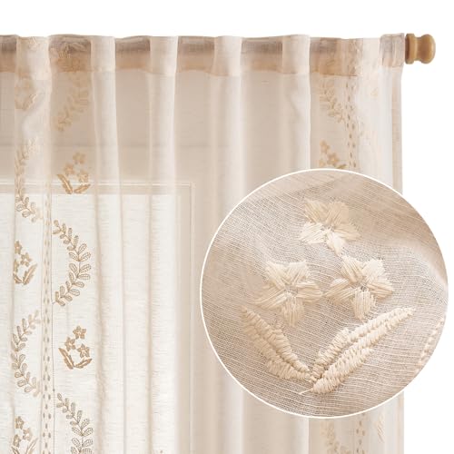 Image of jinchan Floral Linen Curtains, Back Tab 50x63 Inch, 2 Panels Beige