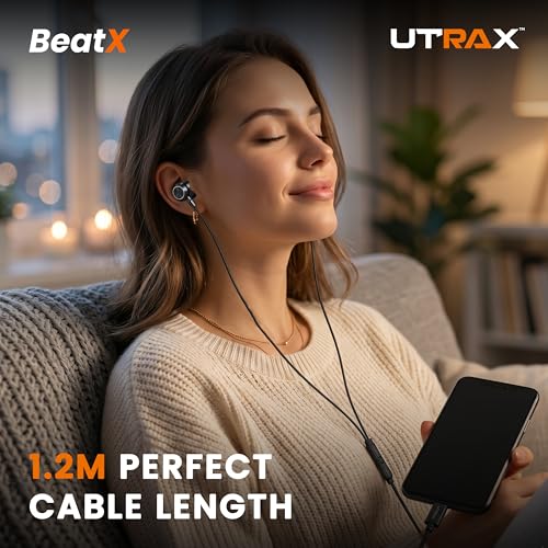 Image of UTRAX BeatX Type-C Wired Earphones with Mic | 14.2mm Driver, High Bass Stereo Sound | Magnetic Metal Earbuds | 1.2M TPE Anti-Tangle Cable | USB-C Earphones for Android Devices | Black