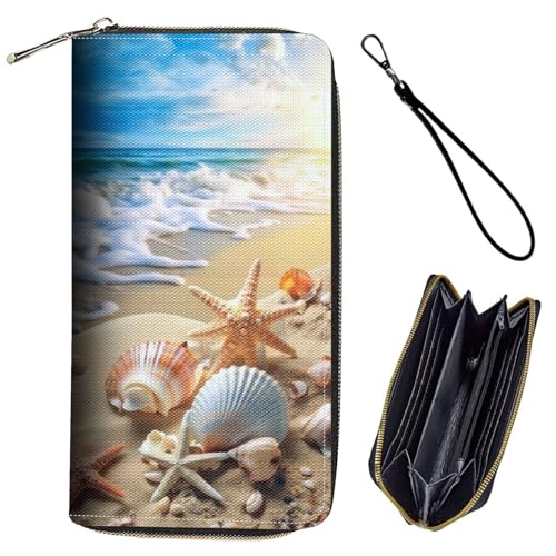 Bxgolkgd Womens Wallet, RFID Blocking Leather Wallet,Large Capacity Wallet Credit Card Holder PU Leather Ladies Clutch with Zipper Coin Pocket - Beach Shell Starfish