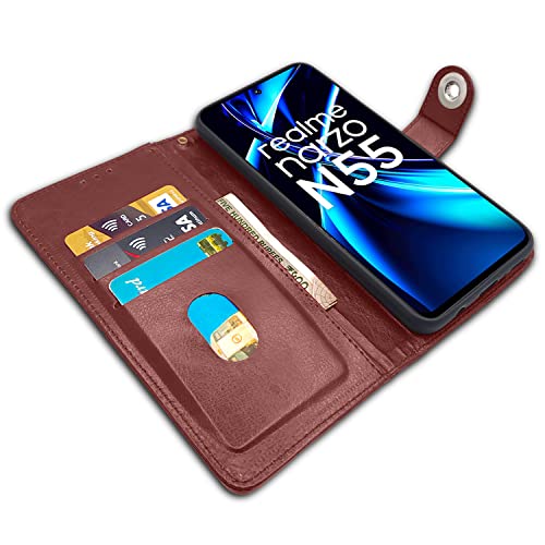 Image of Pikkme Realme Narzo N55 / Realme C55 Flip Cover Leather Finish | Inside TPU with Card Pockets | Wallet Stand and Shock Proof | Complete Protection Button Flip Case (Brown)