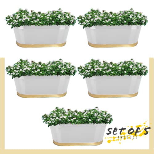 IndoDec Metal Planter Railing Planters Pot Plant Container Oval Planters Home Gardening Hanging/Table-Top Planter Gamla for Balcony Set of 5 White