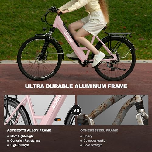 Image of ACTBEST Core Electric Bike, 468Wh Removable Battery, 26 inch Step Thru Electric Bicycle, 350W(Peak 750W) Brushless Motor Cityrun Ebike, with 7 Speed, Up to 50 Miles, Pink - with Mirror