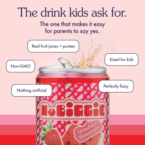 Image of NoBiggie Strawberry Watermelon Sparkling Juice for Kids | 4-Pack Mini Cans | Made with Real Fruit Juices & Purees, 4 x 7.5 fl oz Cans, Only 3g Sugar per Can, No Added Sugar, No Artificial Ingredients